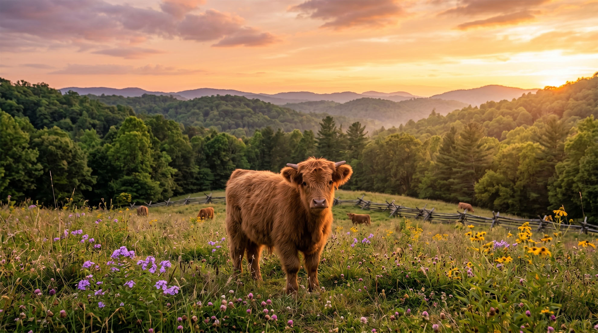 View of the Funny Farm with Highland cattle and rolling Tennessee hills at sunset